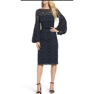 Maggy  London W’s 14 Blue/Black Lace Bishop Long Sleeve Velvet Waist Trim Dress